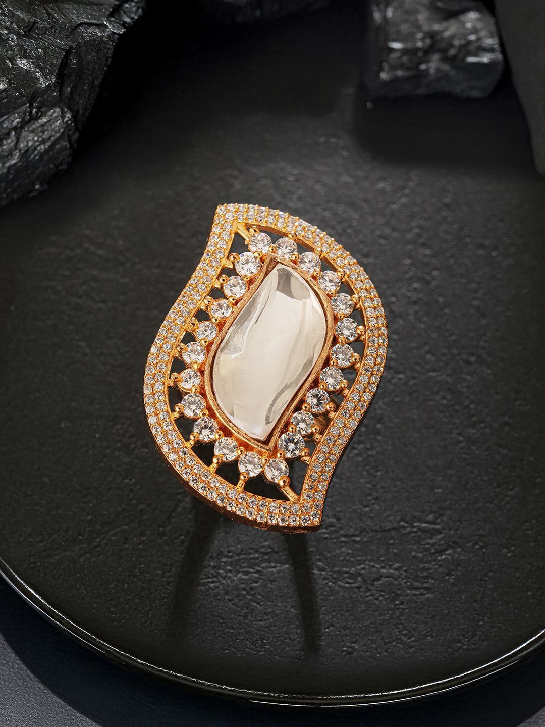 Gold Plated Uncut Kundan Polki Mossanite & Zircon Studded Luxe Quirky Adjustable Finger Ring