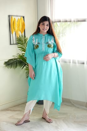 Saba Sea Green Hand Embroidered Kaftan Set-L
