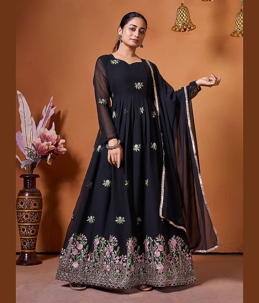 kedar fab Black Anarkali Georgette Women's Stitched Ethnic Gown ( Pack of 1 )