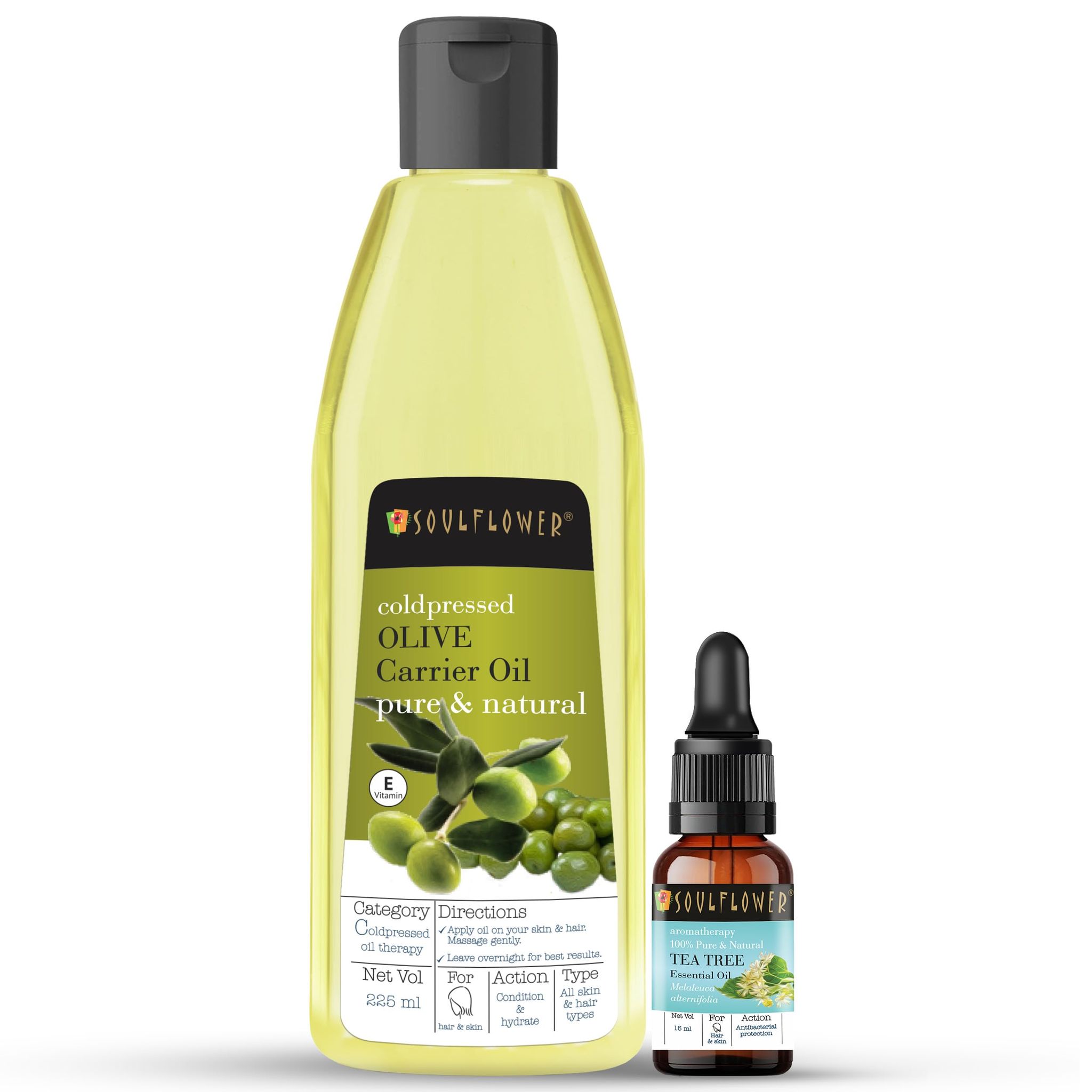 Soulflower Tea Tree Essential Oil & Olive Oil | Hair Growth, Hair Fall Control, Nourishment, Acne, Anti Dandruff | 100% Pure, Naural, Organic Certified & Undiluted | Pack of 2 240ml Soulflower Tea Tree Essential Oil & Olive Oil | Hair Growth, Hair Fall C