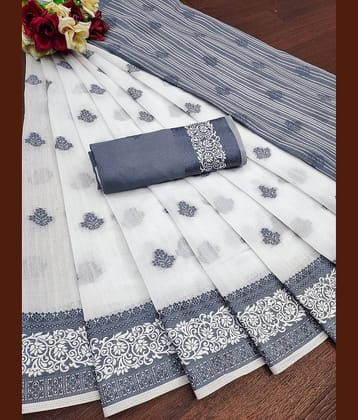 IndShopMart Cotton Silk Printed Regular Saree With Unstitched Blouse Piece ( White )