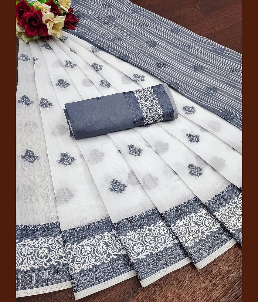 IndShopMart Cotton Silk Printed Regular Saree With Unstitched Blouse Piece ( White )