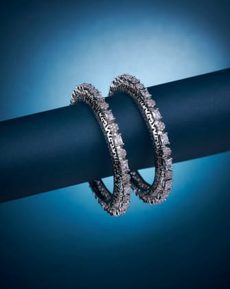 American Diamond Triangle Pacheli Rhodium Bangles (Pack of 2)-White / Rhodium / 2.4
