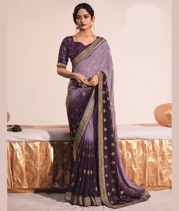 Satrani Georgette Printed Saree With Unstitched Blouse Piece ( Purple )