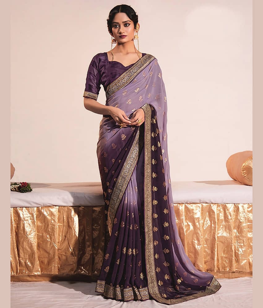 Satrani Georgette Printed Saree With Unstitched Blouse Piece ( Purple )