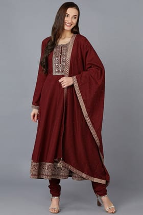 Maroon Silk Blend Solid A-Line Kurta Trousers With Dupatta PKSKD1756