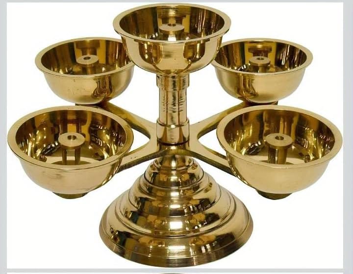 Gold Pure Brass Panchadeep Bhadradeepam Diya, 5-Faced Traditional Oil Lamp For Pooja