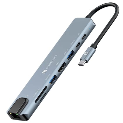 Portronics Mport 8 USB-C Hub (8-in-1) with 4K 30Hz HDMI, 100 Mbps Ethernet, USB 3.0, Type-C Plug for Laptop, Mac, PC (Grey)