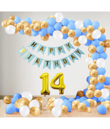 Jolly Party  14 Year Decoration kit For Boy and Girl Happy-Birthday 62 Pcs Combo Items 20 golden, 20 White 20 Blue balloons and 13 letter happy birthday banner and 14 letter golden foil balloon.