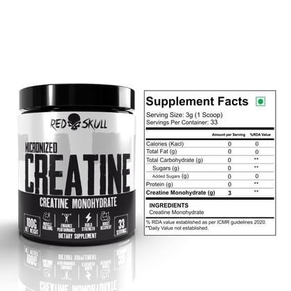 Redskull Creatine Monohydrate 100 gram- 100% Pure Micronized Creatine | No Side Effects | Heavy metal Tested | unflavoured-100Gram Unflavoured