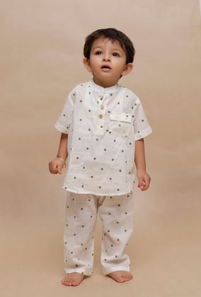 Set of 2: Off-White Polka Dot Printed Shirt and off-white Polka Dot Printed Pant-2-3Y