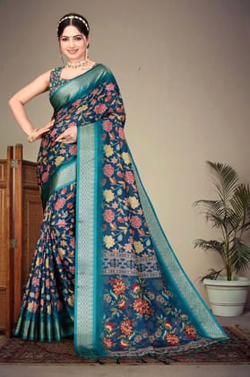 Shiv Textiles Women's Cotton Silk Digital Printed Saree with Fancy Tassels in Blue Color Graphic Design Party Wear Ethnic Drape Includes Unstitched Blouse Piece Lightweight Fabric Traditional Indian Fashion