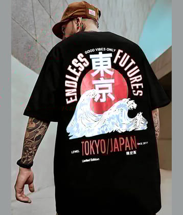 LEWEL Cotton Blend Oversized Fit Printed 3/4th Sleeves Men's Round T-Shirt - Black ( Pack of 1 )