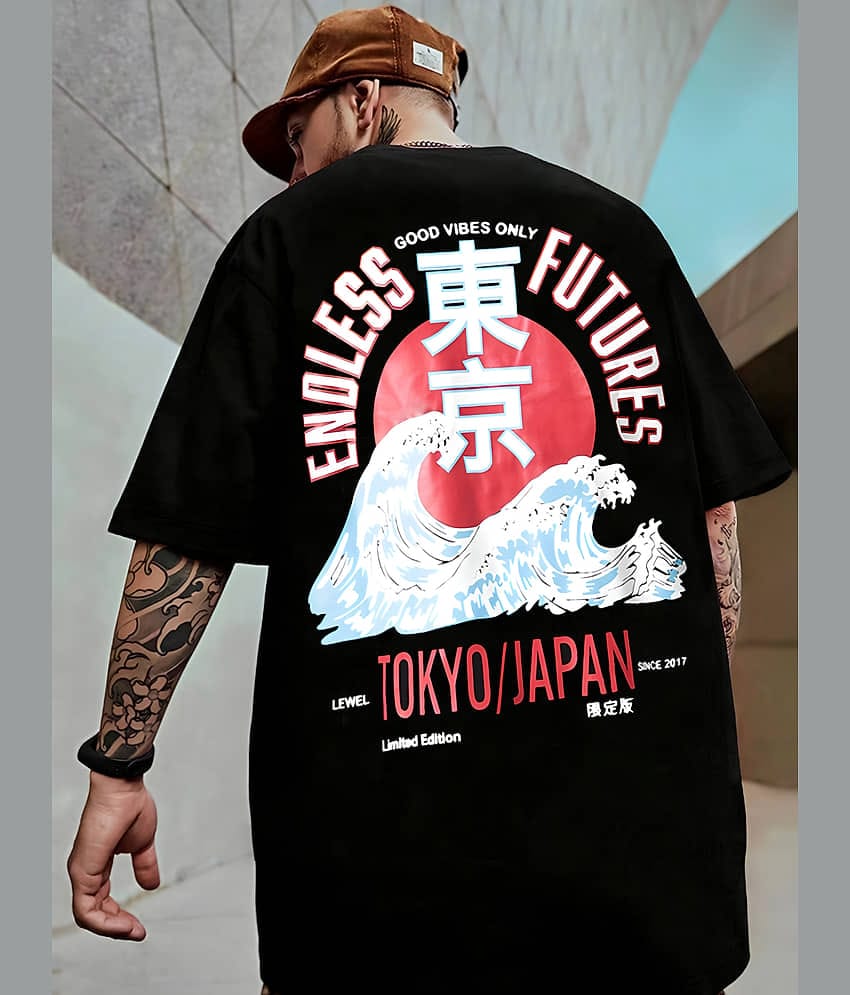 LEWEL Cotton Blend Oversized Fit Printed 3/4th Sleeves Men's Round T-Shirt - Black ( Pack of 1 )