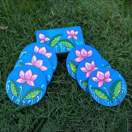 Hand Painted Lotus Wooden Coasters With Holder
