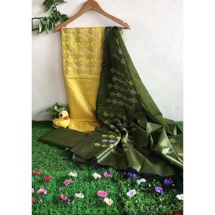 Katan Silk Embroidered Yellow & Green Suit
