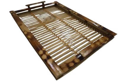 Bamboo Serving Tray with Handles, Decorative Slatted Design, Rustic Brown Finish
