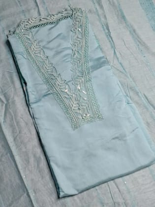 Sky Blue Colour Thread & Lace Work V Neck Unstitched Suit Cotton Fabric with Dupatta-Free Size / Sky Blue
