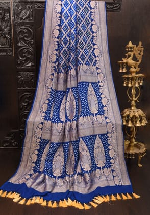 Blue Galito Ombre Hand Bandhej Banarasi Silk Georgette Saree with jaal zari| SILK MARK CERTIFIED