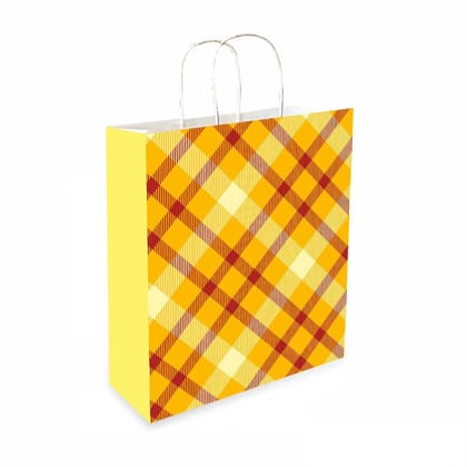 90 GSM Yellow Checkered Paper Gift Bags, Paper Carry Bags For Birthday Gifts, Return Gift Bags, Office Party, Corporate Gifting & Get Together (Size: 9.4 x 7.9 x 3 inch) - Set of 12 90 GSM Yellow Checkered Paper Gift Bags, Paper Carry Bags For Birthday Gifts, Return Gift Bags, Office Party, Corporate Gifting & Get Together (Size: 9.4 x 7.9 x 3 inch) - Set of 12