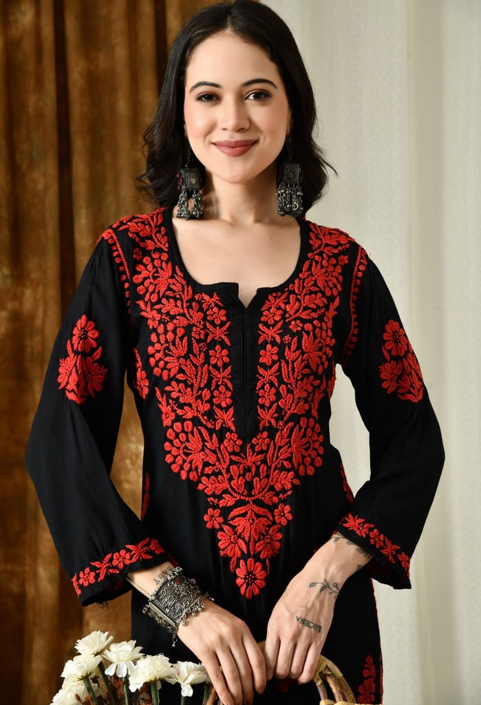 Black Kurta with Intricate Chikankari Work - Red