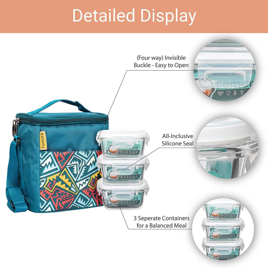 Femora Borosilicate Glass Microwave Safe Container Multipurpose Lunch Box for Office, Blue, Square-300 ml (2 Container), Rectangle-620 ml (1 Container)