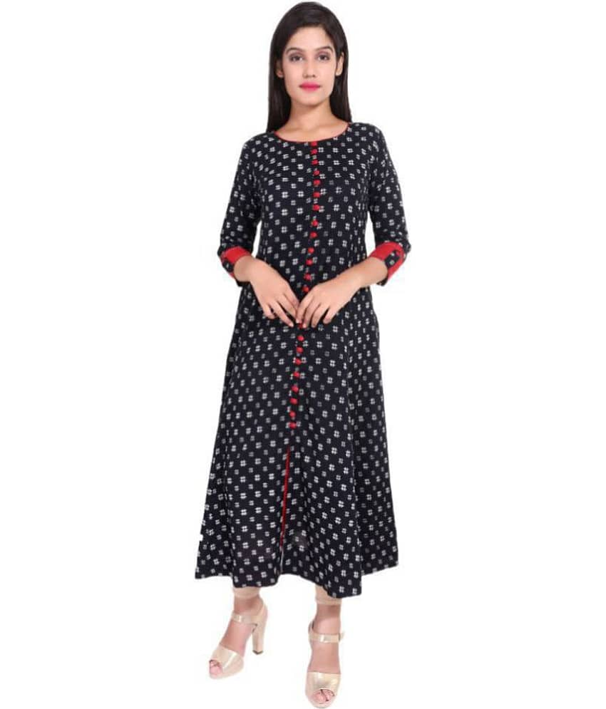 Yash Gallery Pack of 1 Cotton Printed Flared Women's Kurti - ( Black )
