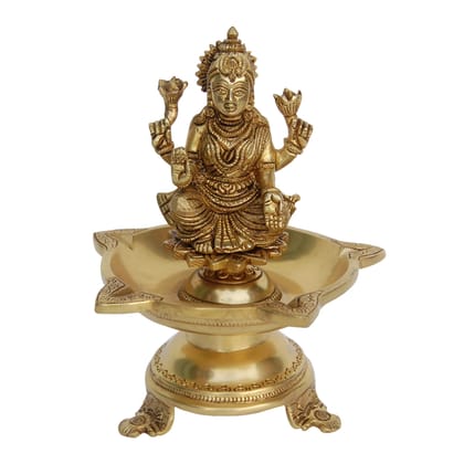 Brass Table Decor Laxmi Oil Lamp Deepak 6 Wicks  - Traditional Puja Deepak for Wealth & Prosperity, Height : 8 Inch (BSMAS1181 A)