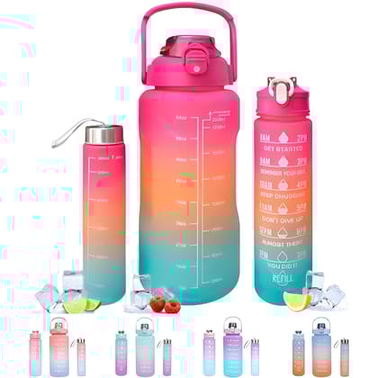 AVENZO Silicone Set Of-3, 2 Liter, 900Ml, 300Ml Bpa-Free Motivational Sipper Water Bottle Adult, Time Marker & Mobile Holder For Online Classes, Office (Pack Of -3 Pcs Combo) (Multi Shades Color)