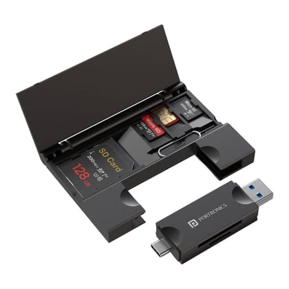 Portronics Mport 30 Plus Card Reader with Storage Case for microSD & SD Cards, Type-C & USB Dual Plugs, Carry Case for microSD, SD, SIM Cards and SIM Ejector Tool (Black)