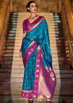Marine Blue Woven Banarasi Silk Saree With Contrast Border