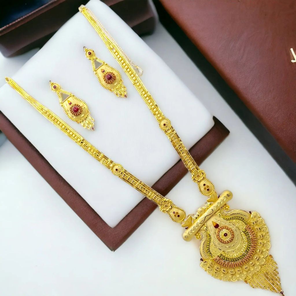 One-Gram Gold-Plated Long Haram Necklace Set with Earrings and Earring support Chain