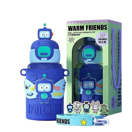 Water Bottle Stainless Steel Double Wall Vacuum Insulated Leakproof Straw Lid, 500ml Water Bottle, Removable Cover, Ideal for Kids & Travel(Blue)