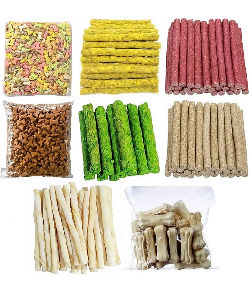 The Treat Home 8 Mix Dog Food (4Mix) Munchy Stick, Crunchy (Cocoa & Mix) Biscuits, White Stick, 3 Inch Bone (Each 100Gm)