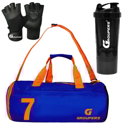 GROUPERS Combo Set of Duffle Polyester Bag with Shaker Bottle-500ml & GloveslSports & Travel Bag (Blue 07)