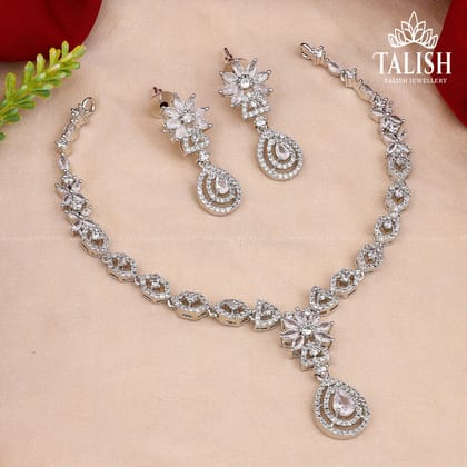 Elegant Silver-Plated Necklace Set with Intricate Floral Design and Sparkling American Diamond Stones