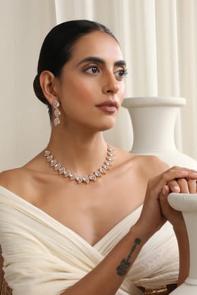 Seerat Rose Gold Polki Single Line Necklace Set-Polki