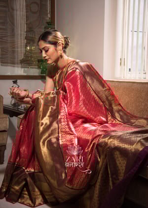 Flowers Of Life: Kanjivaram Saree In The Shades Of Red And Purple