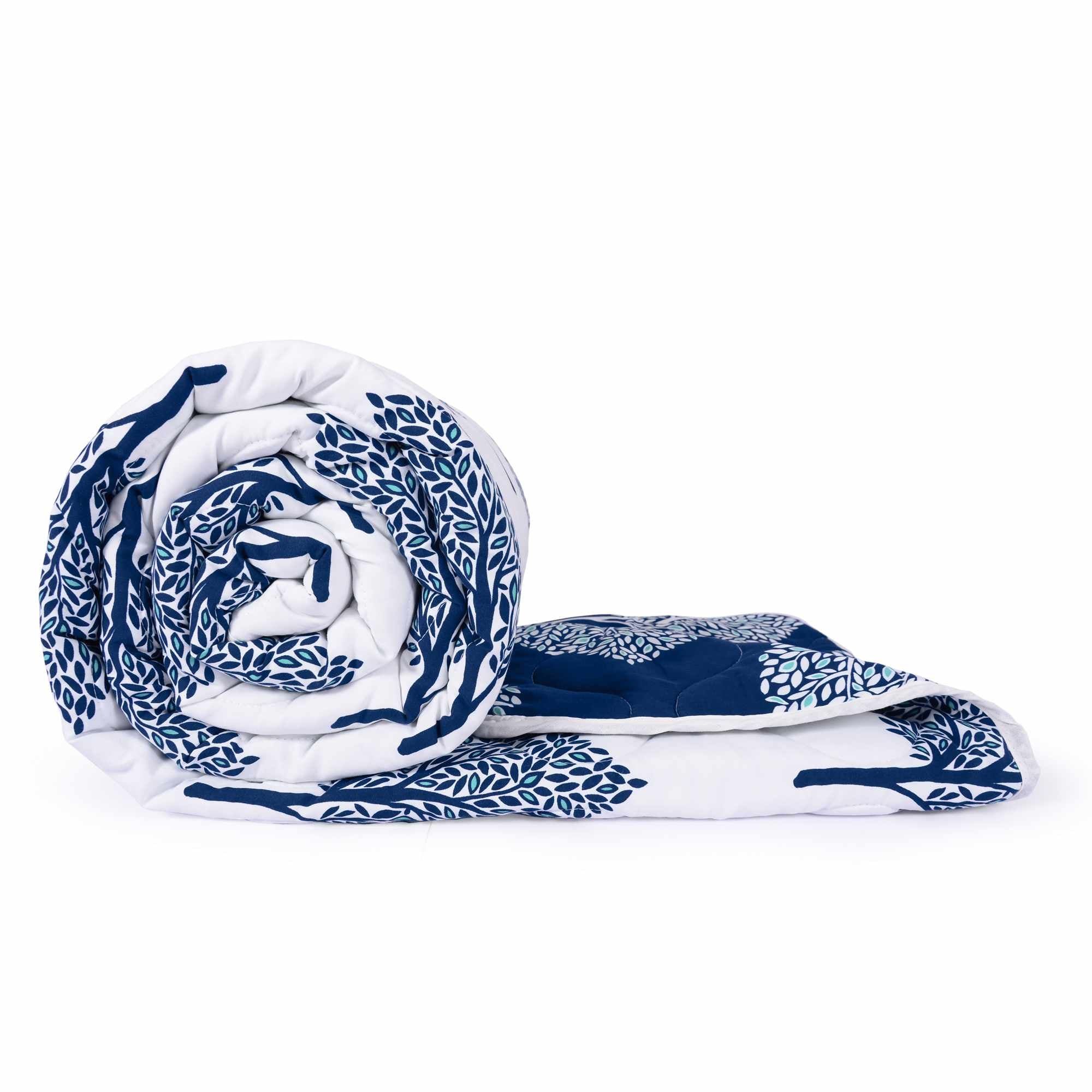Olive Tree Leaf Reversible Double Bed Size Quilt Comforter-Double / Navy Blue and White / HRUL3002
