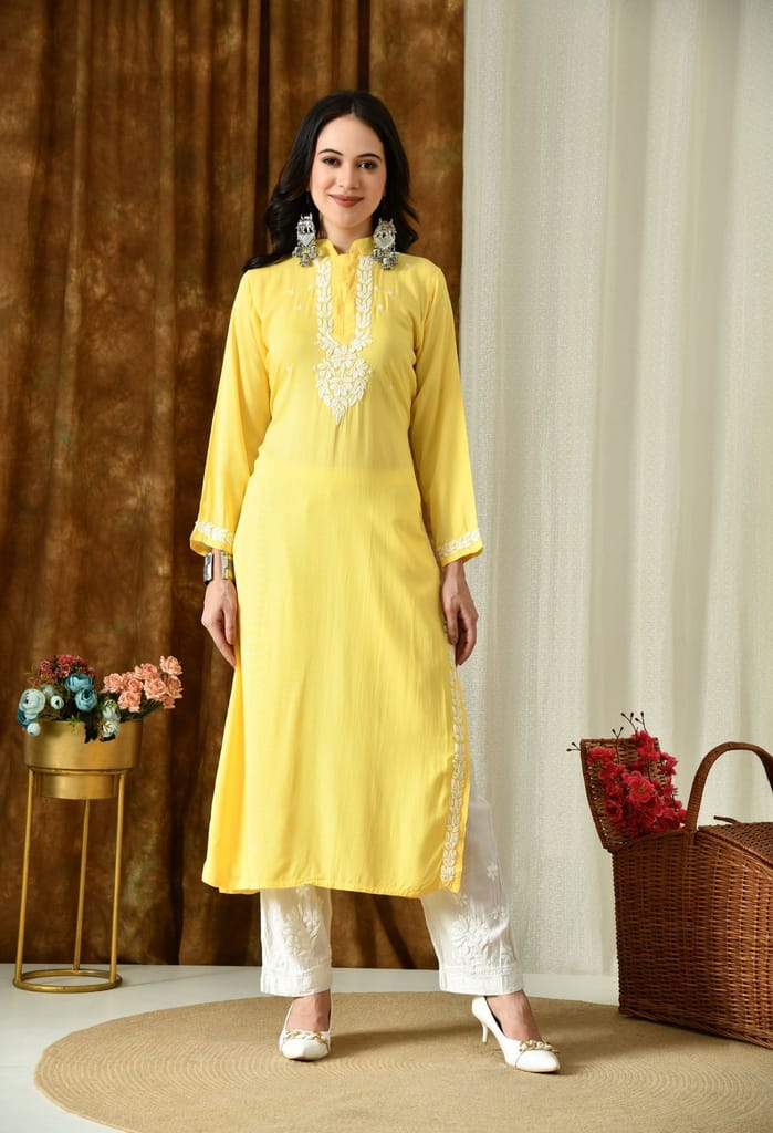 Saanjh – Sunshine Yellow Rayon Kurta with Classic Chikankari