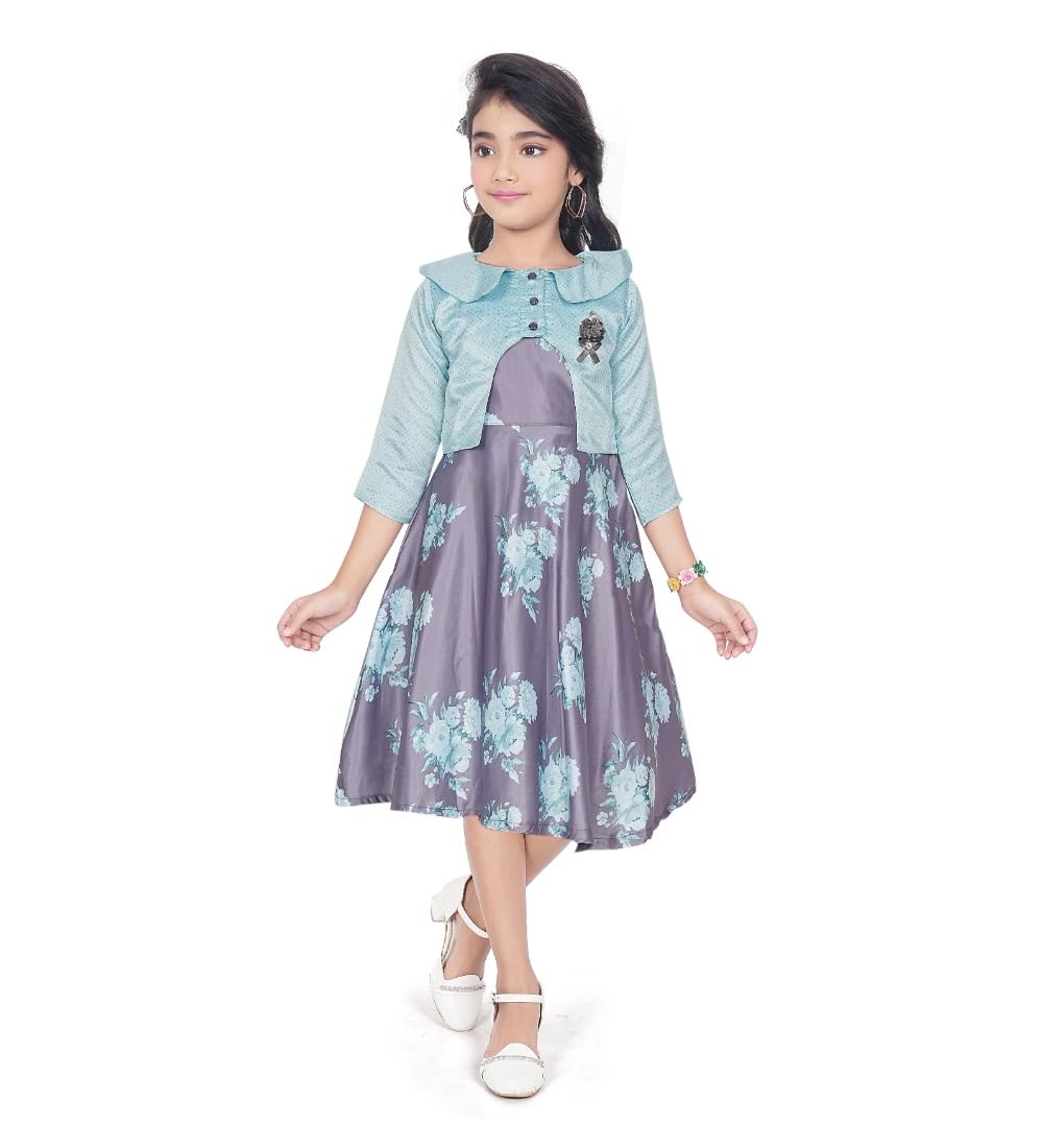 Girl's Satin Printed Sleeve Less Round Neck Dress (Sea Green, 6-7_Yrs)-PID63820