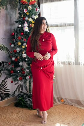 Jess Golden Buckle Long Dress-Red