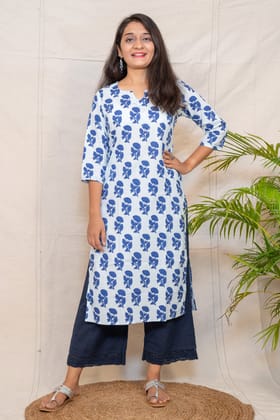Alchemy Light Blue Floral Straight Cut Cotton Kurta-S