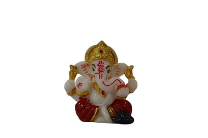 Lord Ganesha Decorative Idol, White and Red with Gold Crown, Small Religious Statue