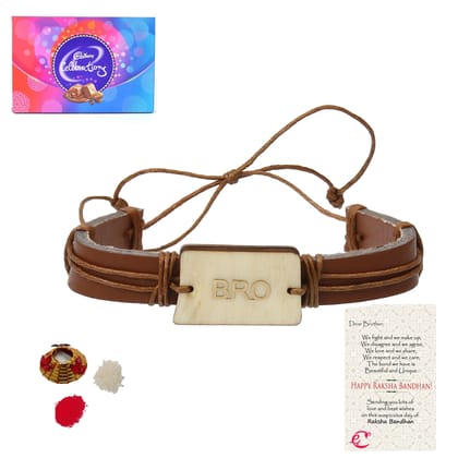 Designer Leather Bracelet BRO Rakhi with Cadbury Celebrations Gift Pack of 11 Assorted Chocolates and Roli Tikka Matki, Best Wishes Greeting Card