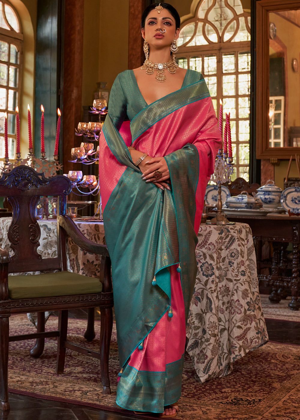 Raspberry Pink Woven Kanjivaram Silk Saree