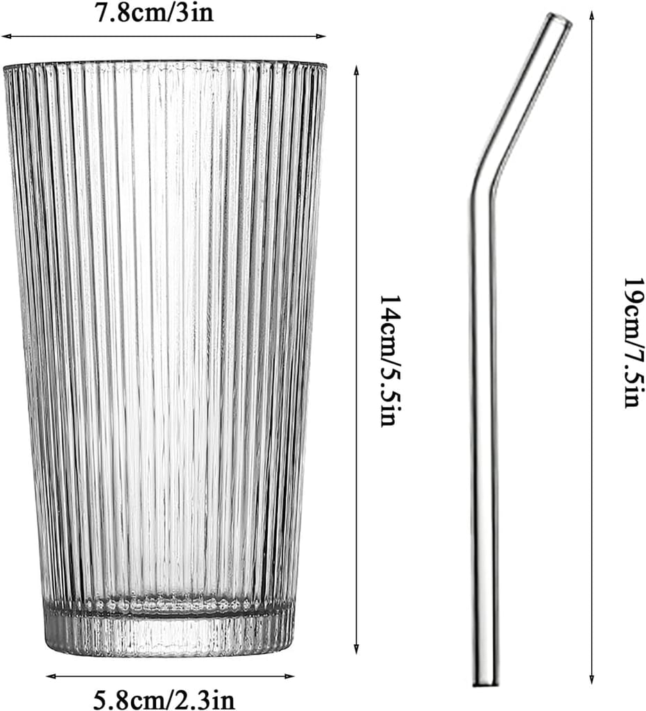 Glass Tumbler with Lid and Straw,380 ML,Set of 1,Stripe Drinking Sipper for Water,Iced Tea, Milk, Juice, Coffee & Hot/Cold Drink, Perfect for Home, Office, Party and Travel, Gift for Man/Women