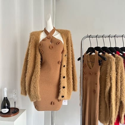 ‪London knit woollen two piece dress-Brown / XS