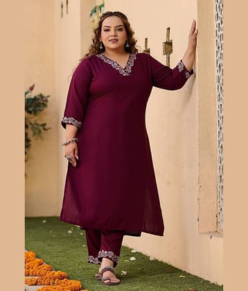 PrettyPlus by Desinoor.com Rayon Embroidered Kurti With Pants Women's Stitched Salwar Suit - Wine ( Pack of 1 )