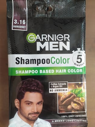 3.16 Burgundy Garnier Men Shampoocolor  Shampoo based hair color Coffee extracts +argan oil No ammonia 100% grey coverage 